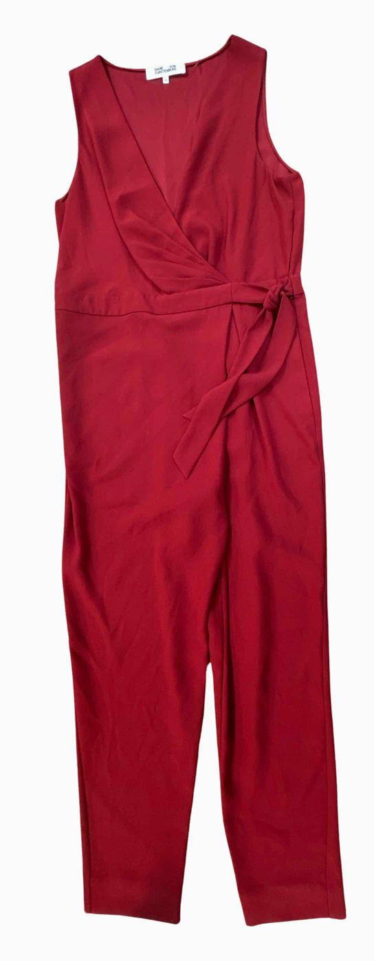 DIANE VON FURSTENBERG EEVELESS CROSSOVER TIE WAIST RED JUMPSUIT SIZE 14