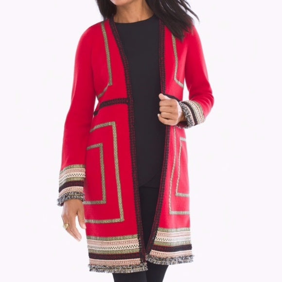 NWT! CHICOS CHERRY RED REBA EMBELLISHED DUSTER CARDIGAN SIZE 0 (SMALL)