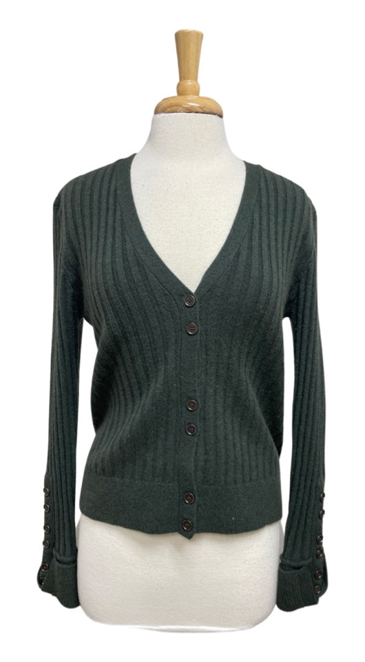 27 MILES CASHMERE RIBBED GREEN CARDIGAN SIZE M