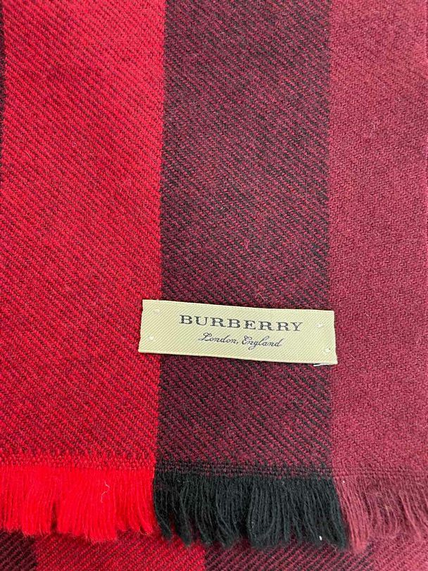 BURBERRY FRINGED PLAID CHECK WOOL CASHMERE BLEND RED/BLACK SCARF