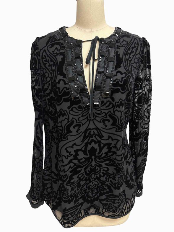 TORY BURCH SHEER SLV GEM SPLIT NECK BLACK WTOP
