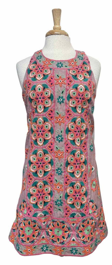 ANTHROPOLOGIE EMBROIDERED APPLIQUE PINK/GREEN SHIFT DRESS SIZE 2