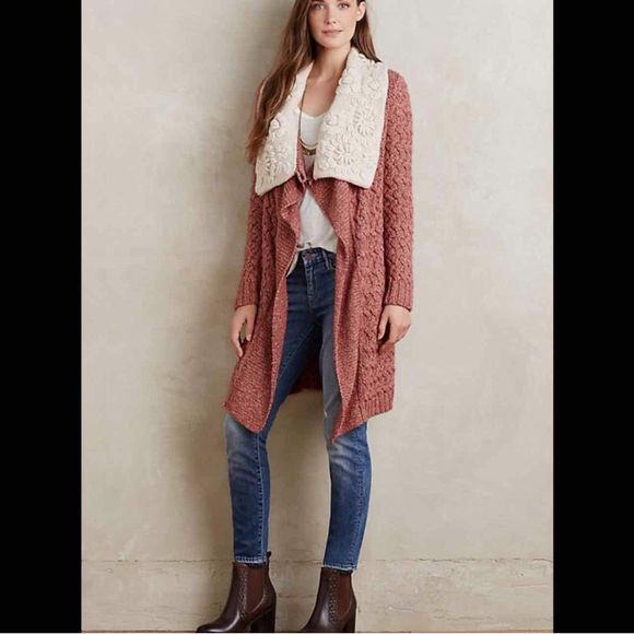 ANTHROPOLOGIE KNITTED & KNOTTED COWL NECK CROCHET BURNET ORGANE CARDIGAN SIZE XS
