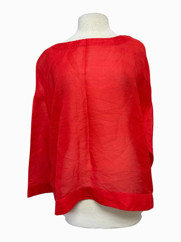DONNA KARAN RAW SILK DROP SHOULDER SHEER BOXY CUT RED TOP SIZE 18