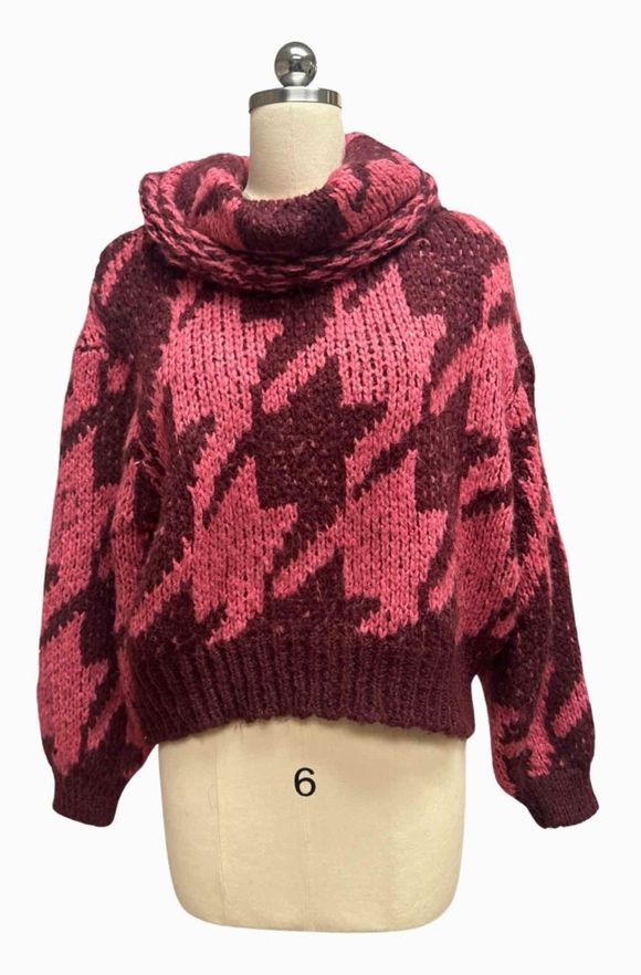 ANTHROPOLOGIE NWT! GINNY HOUNDSTOOTH BURGUNDY SWEATER SIZE S
