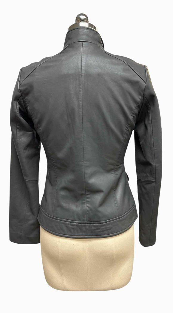 COLE HAAN LAMBSKIN  WING COLLAR TAILORED FIT GRAY LEATHER JACKET SIZE XS