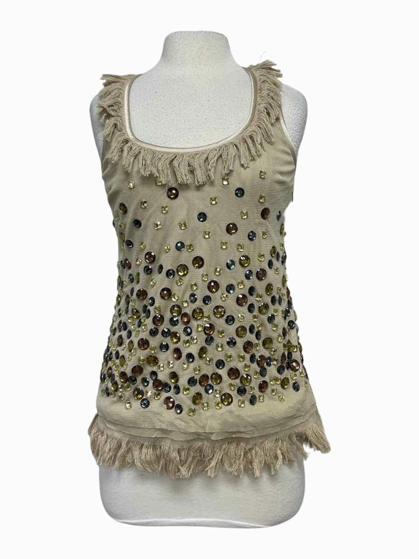 TORY BURCH NWT! FRINGE AND GEMSTONE SLEEVELESS SHELL NUDE TOP SIZE S