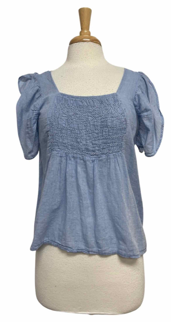 MES DEMOISELLES 100% COTTON SAGE SMOCKED FLUTTER SLEEVE CHAMBRAY TOP SIZE S