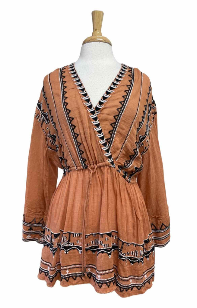 FREE PEOPLE SAFFRON EMBROIDERED TUNIC TERRA COTTA TOP SIZE S