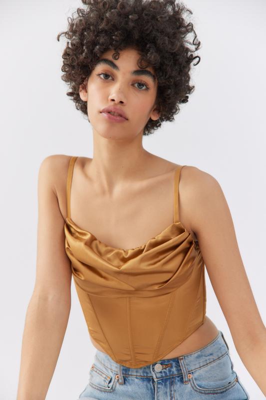 URBAN OUTFITTERS NWT! LEXI SATIN COWL FRONT CORSET GOLD TOP SIZE M
