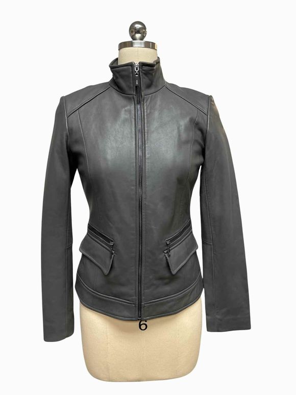 COLE HAAN LAMBSKIN  WING COLLAR TAILORED FIT GRAY LEATHER JACKET SIZE XS