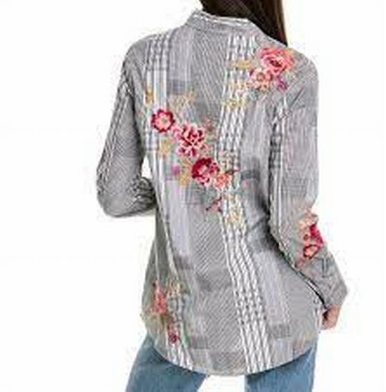 JOHNNY WAS NWT! SONYA PLAID EMBROIDERED BLACK/WHITE SHIRT SIZE XS