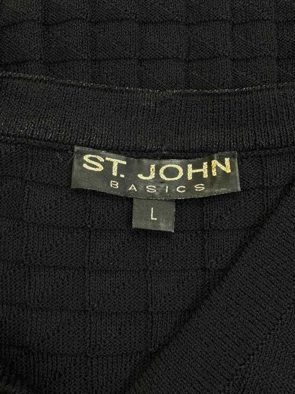 ST JOHN BASICS BLACK LABEL SANTANA DIAMOND KNIT SHORT SLEEVE BLACK CARDIGAN SIZE L