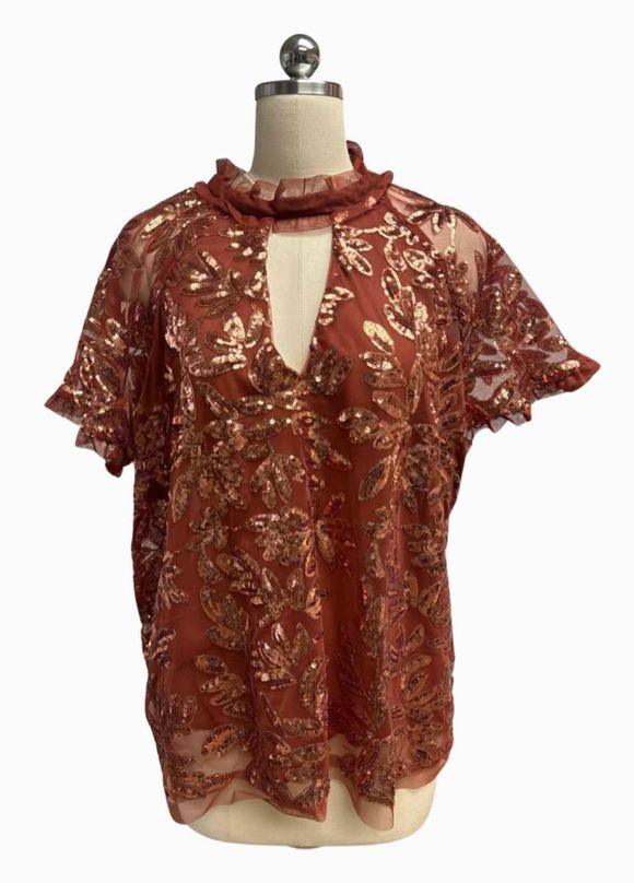ANTHROPOLOGIE OB1404119 CUT-OUT FLORAL BRICK SEQUINS TOP SIZE XL