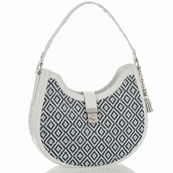 BRAHMIN BETHANY DENIM ROYAL PALM SHOULDER BAG WHITE/NAVY