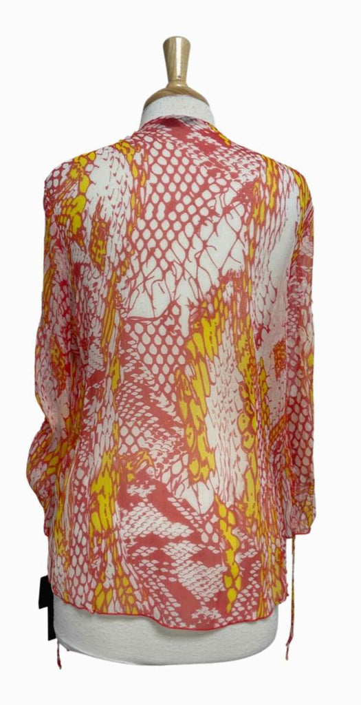 HALE BOB NWT! HALE BOB SHEER BEADED V-NECK PRINTED LS RED/YELLOW TOP SIZE L