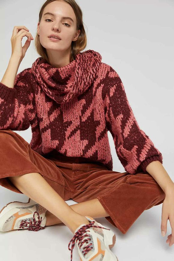 ANTHROPOLOGIE NWT! GINNY HOUNDSTOOTH BURGUNDY SWEATER SIZE S