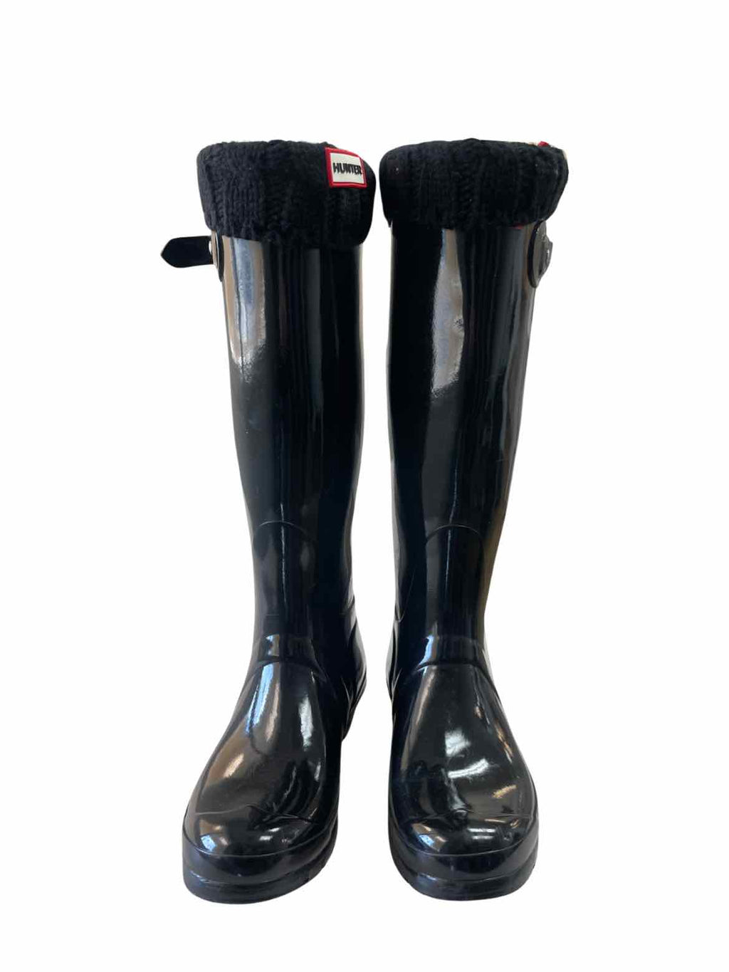 HUNTER BLACK ORIGINAL GLOSS TALL RAIN BOOTS / BOOT SOCKS SIZE 7