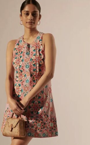 ANTHROPOLOGIE EMBROIDERED APPLIQUE PINK/GREEN SHIFT DRESS SIZE 2
