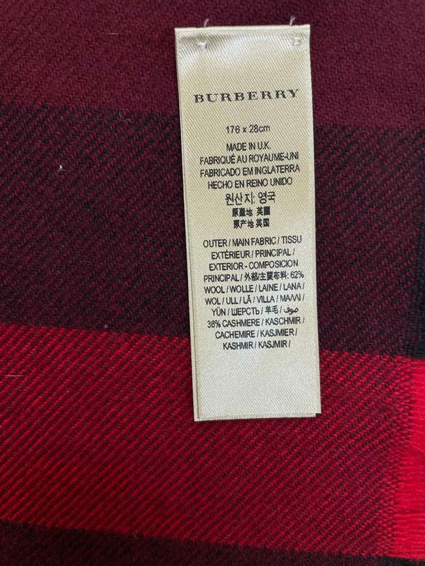 BURBERRY FRINGED PLAID CHECK WOOL CASHMERE BLEND RED/BLACK SCARF