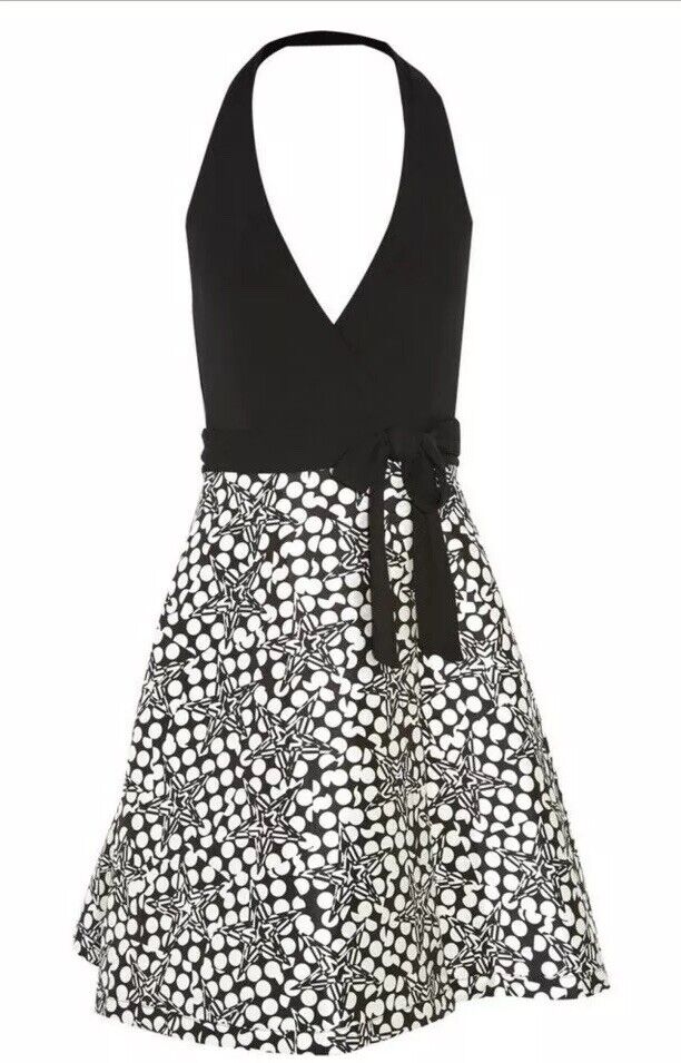 DIANE VON FURSTENBERG AMELIA HALTER BLACK WHITE DRESS SIZE L WEARHOUSE CONSIGNMENT