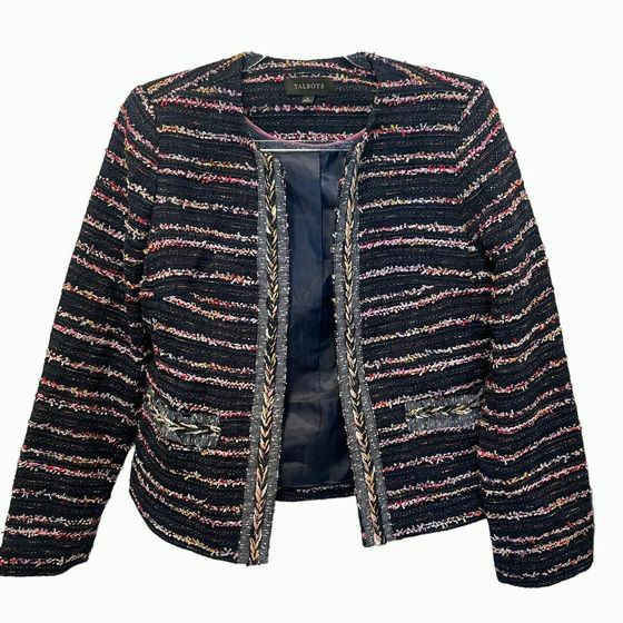 JCREW TWEED LADY JACKET OPEN FRONT NAVY BLAZER SIZE 10