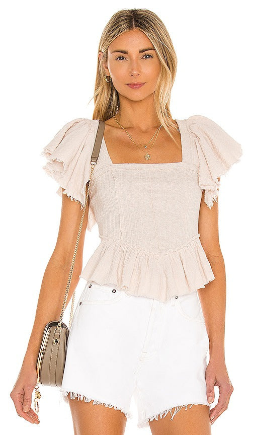 FREE PEOPLE DAYDREAMING RUFFLE TAUPE TOP SIZE M
