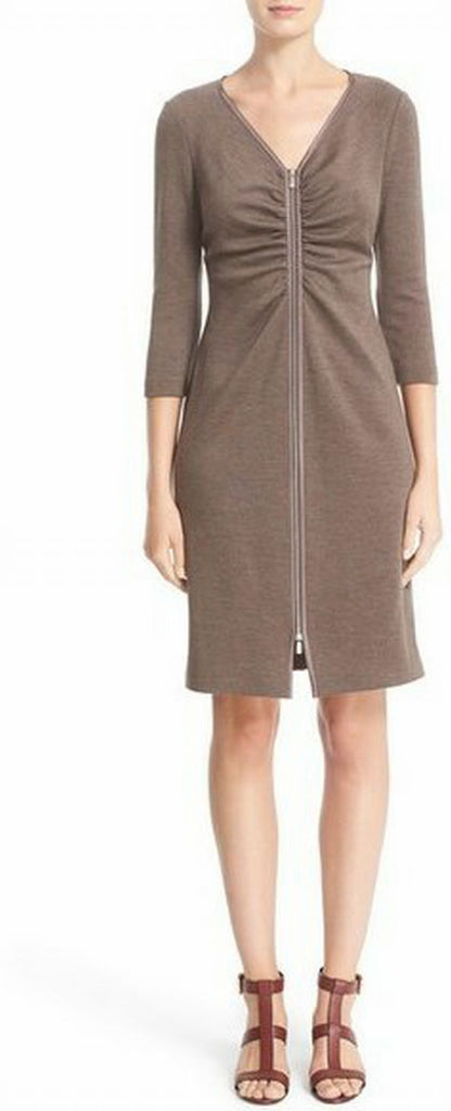LAFAYETTE NWT! RUCHED FRONT ZIP BROWN DRESS SIZE L
