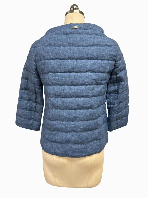 HERNO CROPPED FULL ZIP LINEN DOWN FILLED BLUE JACKET SIZE XS