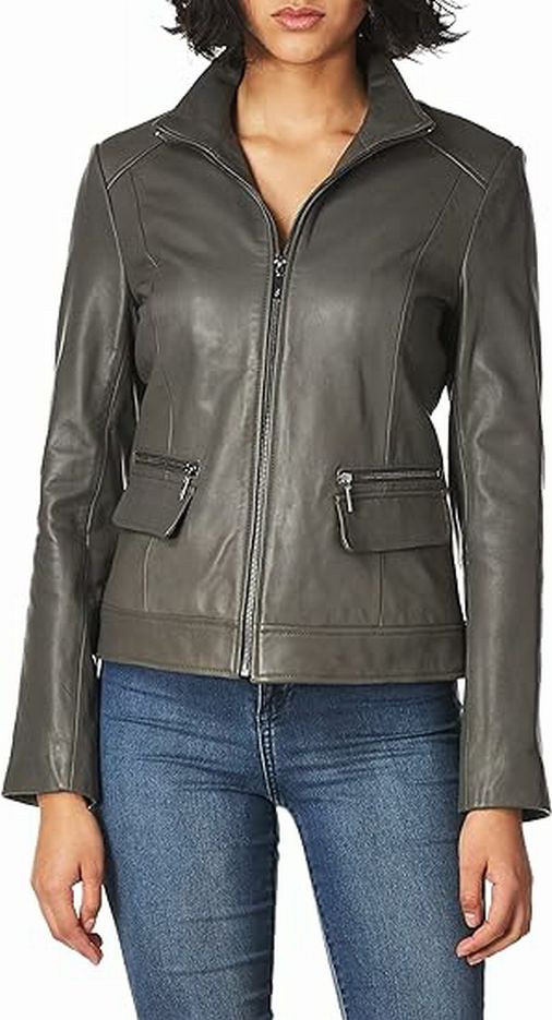 COLE HAAN LAMBSKIN  WING COLLAR TAILORED FIT GRAY LEATHER JACKET SIZE XS