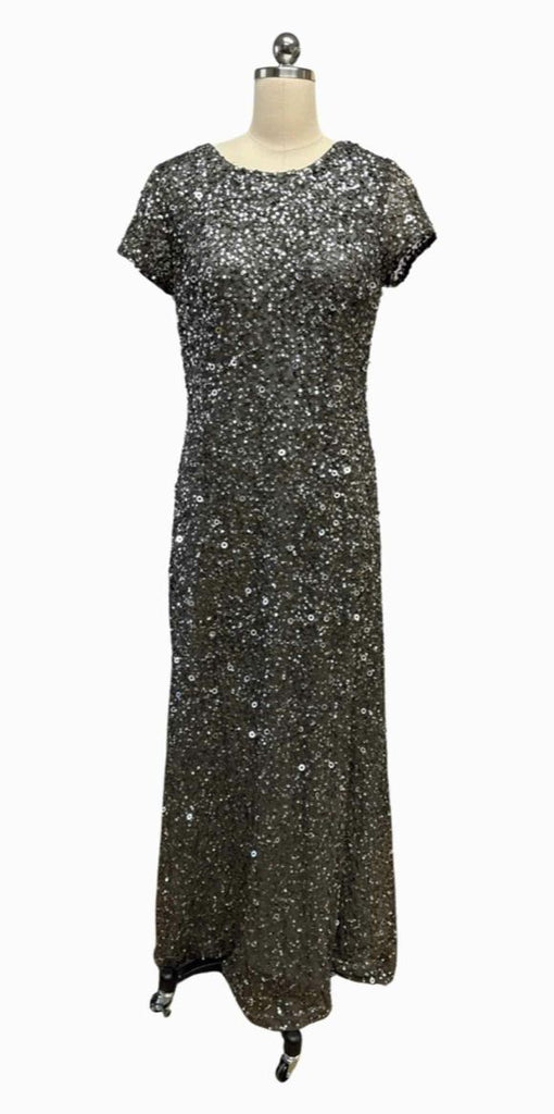 ADRIANNA PAPEL SHORT SLEEVE ALL OVER SEQUIN PEWTER GOWN SIZE 18