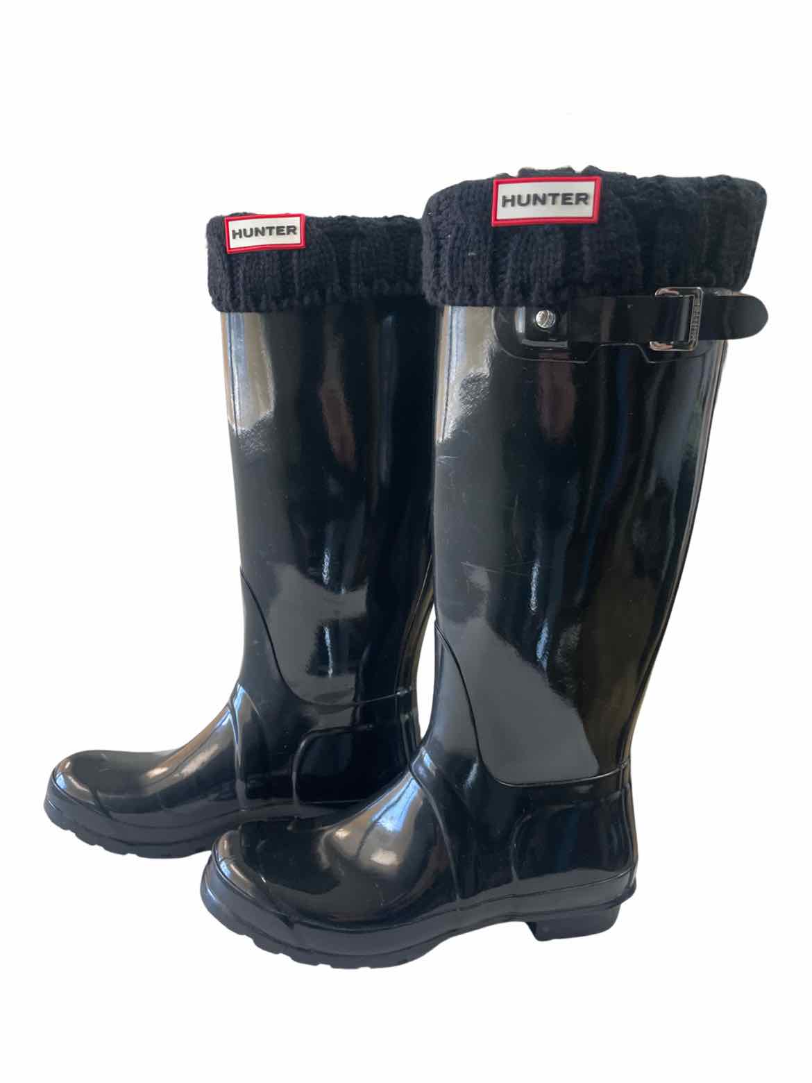 HUNTER BLACK ORIGINAL GLOSS TALL RAIN BOOTS / BOOT SOCKS SIZE 7