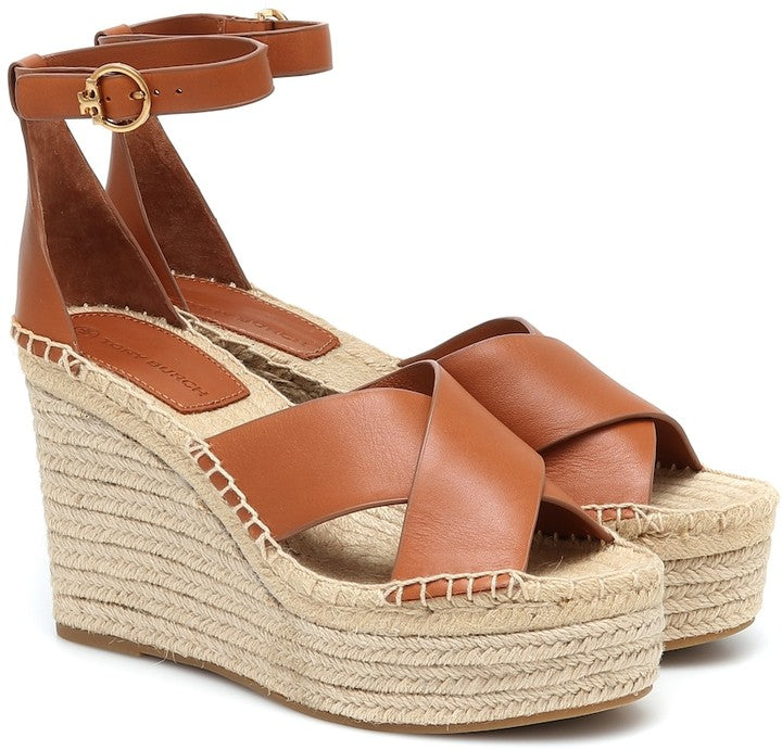 TORY BURCH CAMEL SELBY WOVEN ESPADRILLE WEDGE SIZE 5