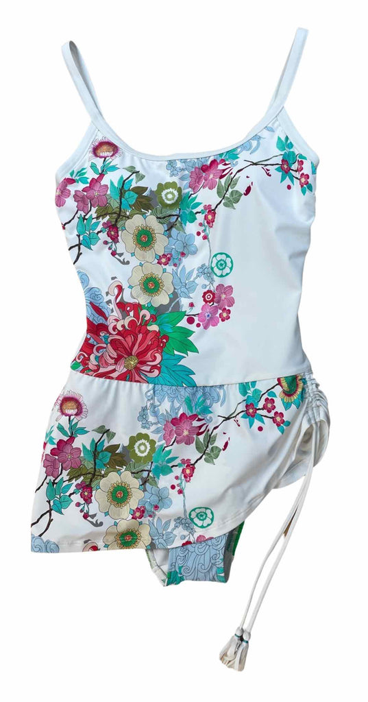 JOHNNY WAS KIA SKIRTED TANK ONE PIECE WHITE FLORAL SWIMSUIT SIZE XS