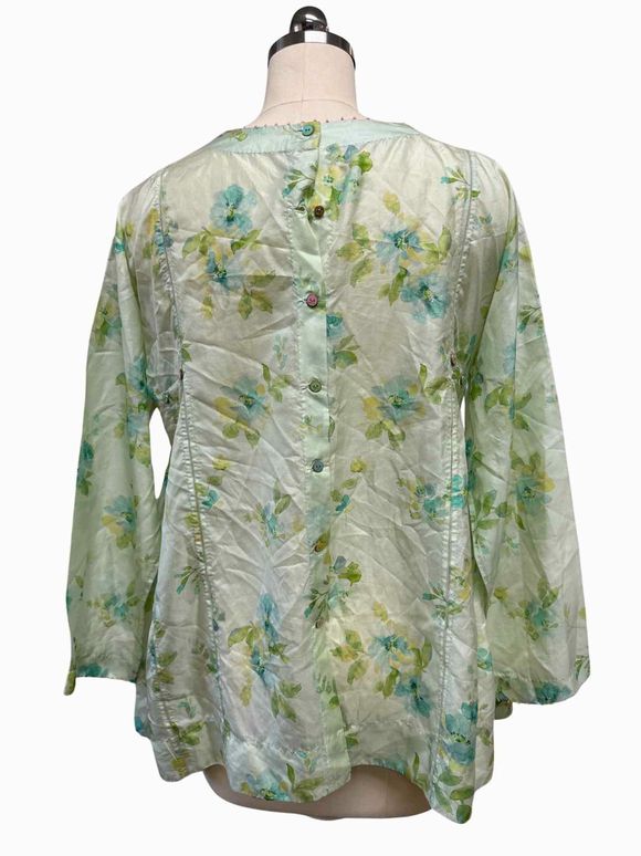 PERO 100% SILK FLORAL PLEATED BUTTON UP BACK MINT BLOUSE SIZE 34