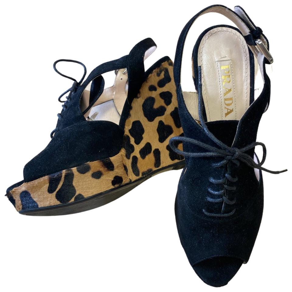 Prada peep toe outlet leopard pony hair wedges