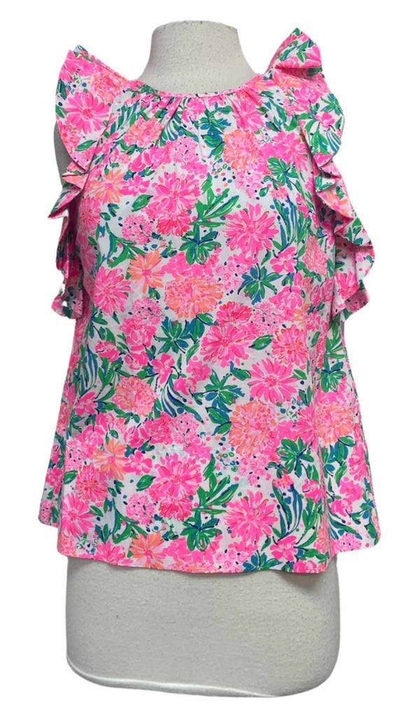 LILLY PULITZER MARLEE RUFFLE HALTER PINK/GREEN TOP SIZE S
