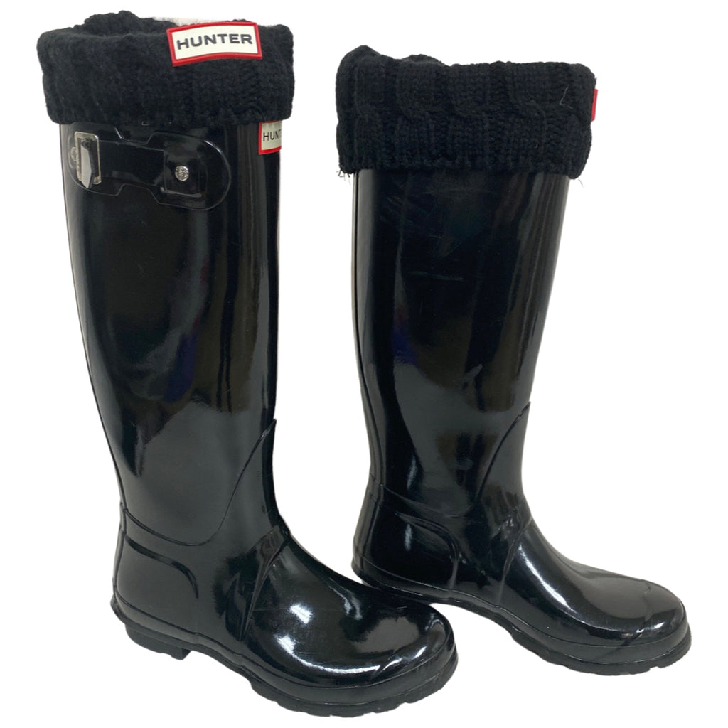 HUNTER BLACK ORIGINAL GLOSS TALL RAIN BOOTS / BOOT SOCKS SIZE 7
