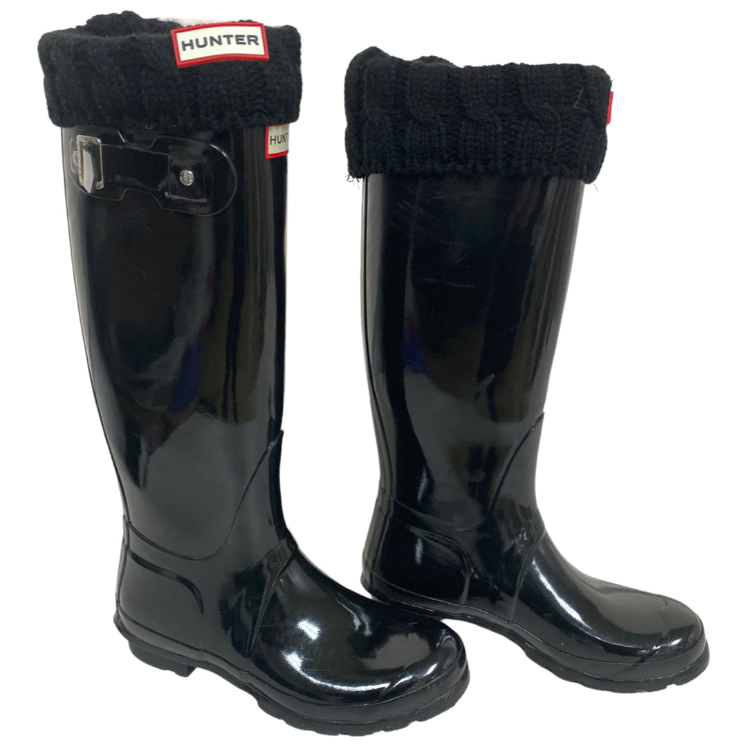 HUNTER BLACK ORIGINAL GLOSS TALL RAIN BOOTS / BOOT SOCKS SIZE 7