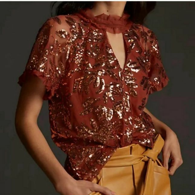 ANTHROPOLOGIE OB1404119 CUT-OUT FLORAL BRICK SEQUINS TOP SIZE XL