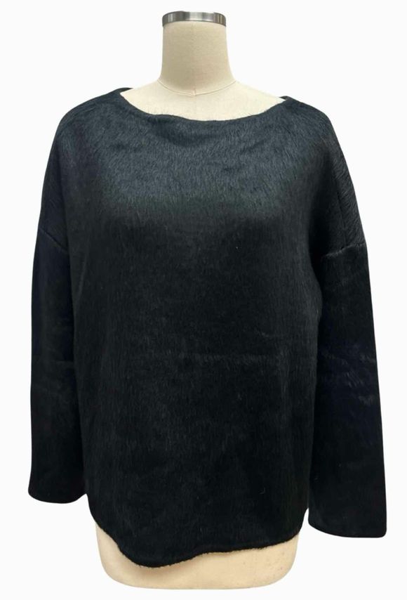 THEORY FAUX FUR BOAT NECK LS BLACK SWEATER TOP SIZE L