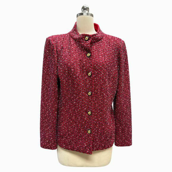 ST JOHN COLLECTION BOUCLE KNIT GOLD BUTTON RED/BLACK BLAZER SIZE 10