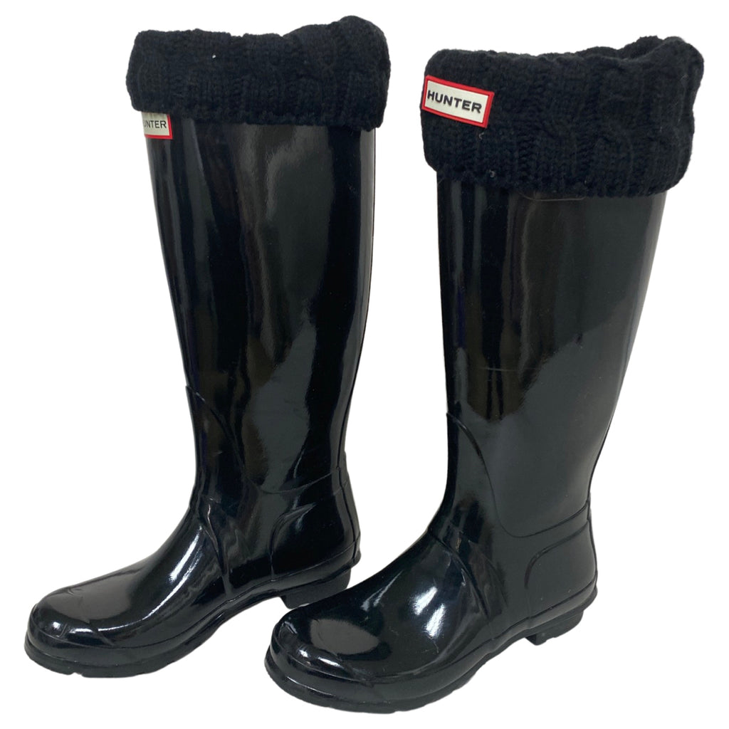 HUNTER BLACK ORIGINAL GLOSS TALL RAIN BOOTS / BOOT SOCKS SIZE 7