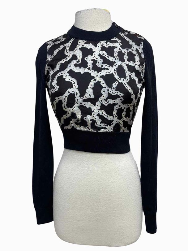 CARVEN WOOL GRAPHIC PRINT KNIT CROP BLACK TOP SIZE S