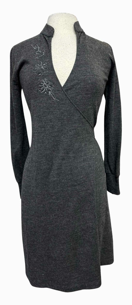 VIVIENNE TAM VINTAGE WOOL WRAP MANDARIN COLLAR EMBROIDERED CHARCOAL DRESS SIZE S